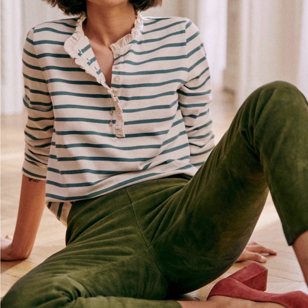 Sezane Striped Ruffle Henley Top in Cream and Teal